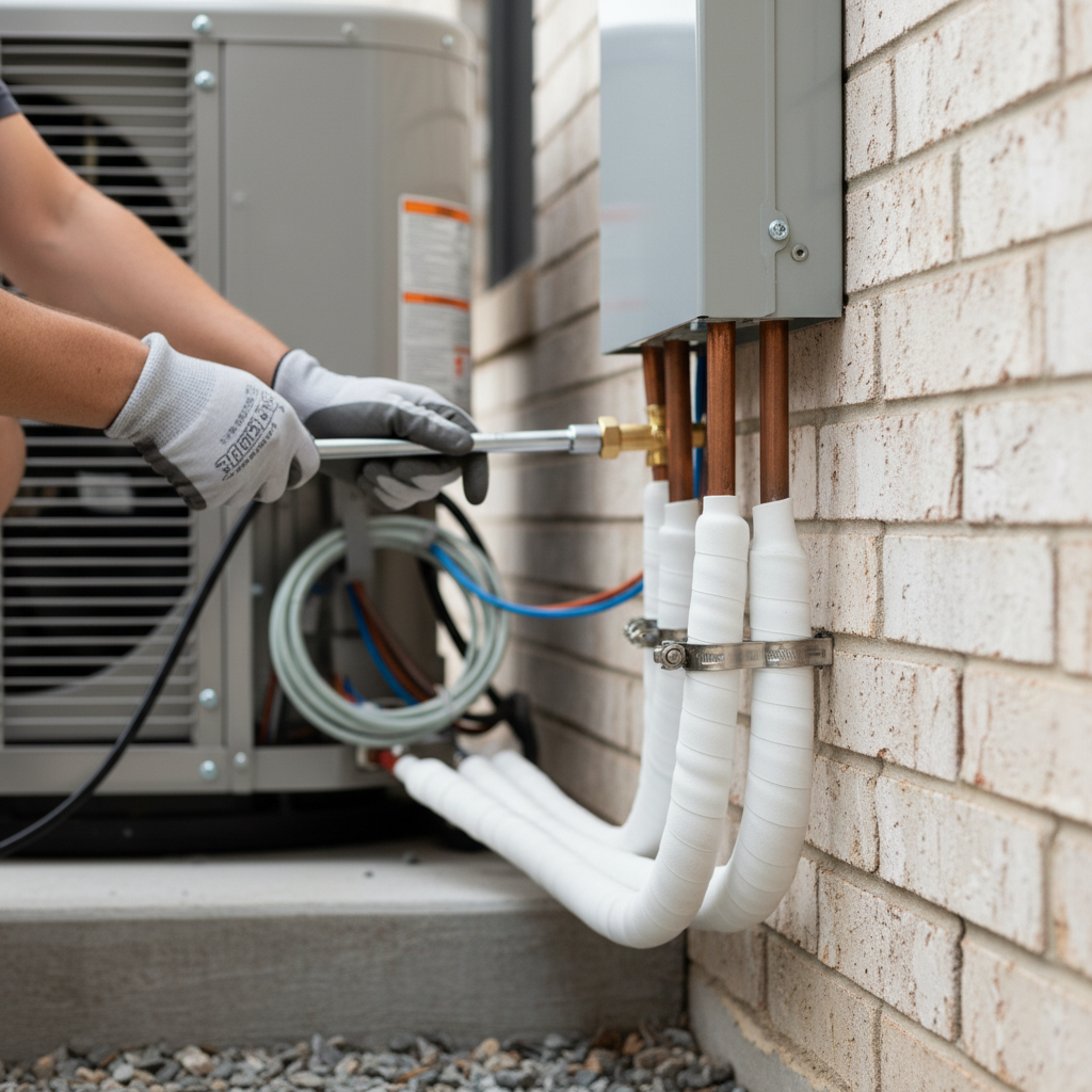 Close-up detail of a technician connecting lines during a heat pump installation in Nixa, MO.