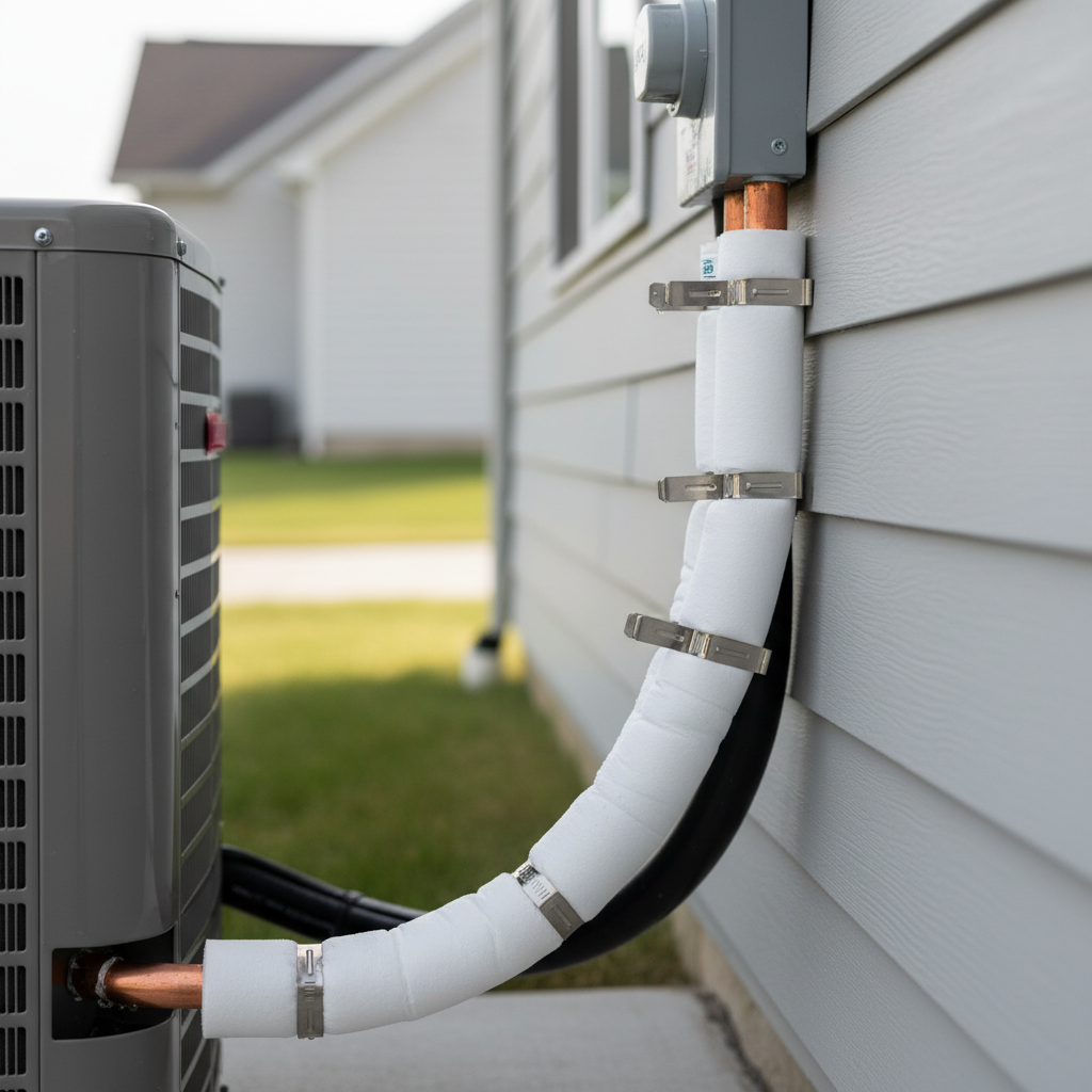 Close-up detail of copper tubing and insulation connecting an outdoor AC unit installed by a Nixa air conditioning contractor.