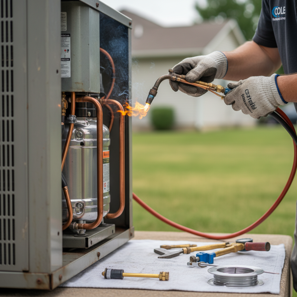 Close-up of a technician performing AC compressor repair in Nixa, MO, showcasing detailed work.