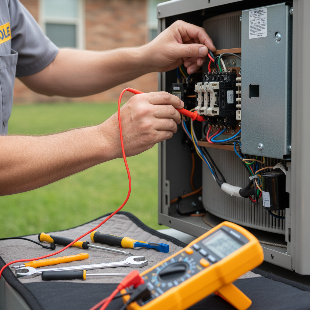 Close-up of a technician performing electrical checks during emergency AC repair in Nixa, MO.