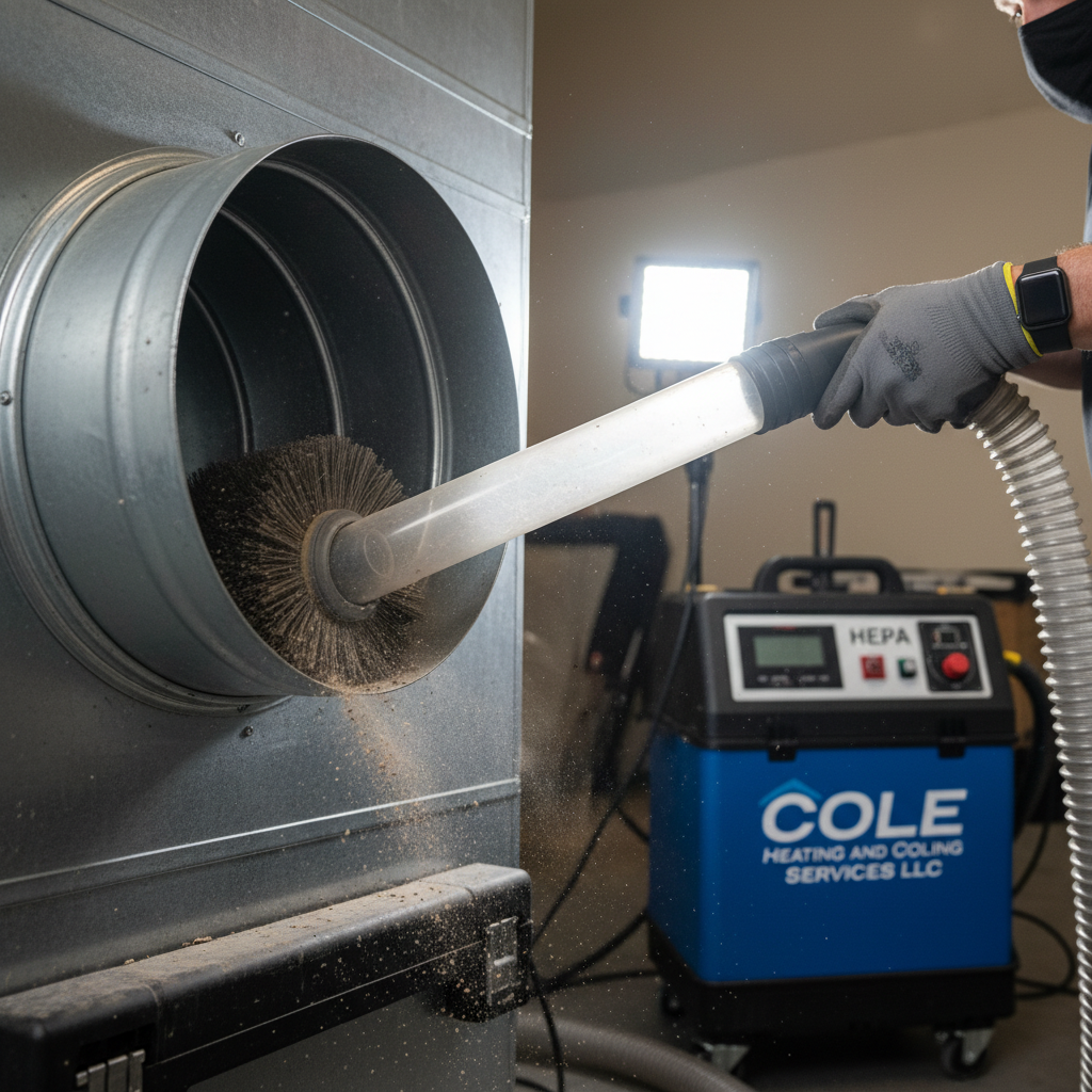 Close-up of a technician performing thorough ductwork cleaning with specialized tools in Nixa, MO.