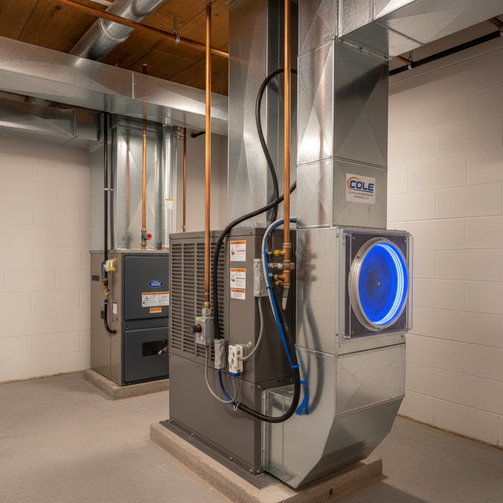 Close-up of an air scrubber being installed into a central HVAC system in Nixa, MO, showcasing professional work.