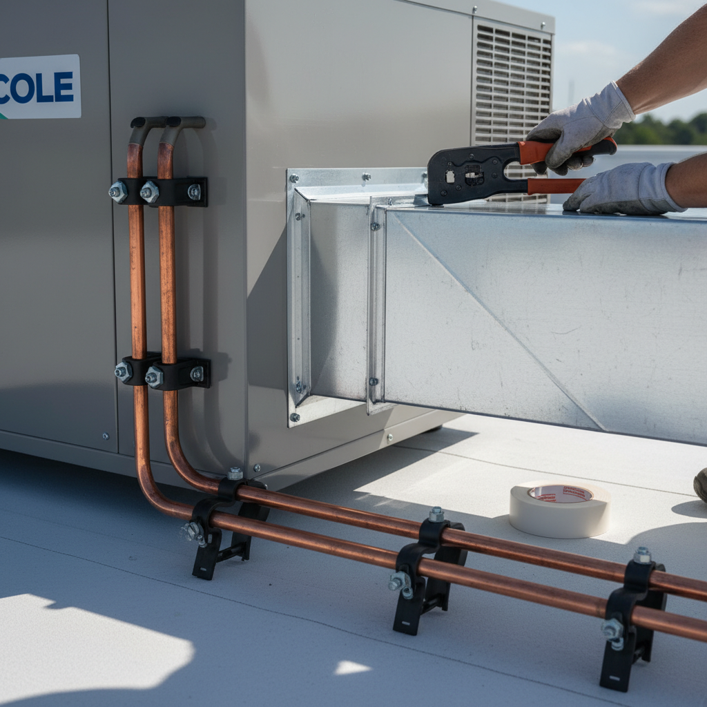 Close-up of technician performing a rooftop unit installation in Nixa, MO, showcasing detailed work and materials.