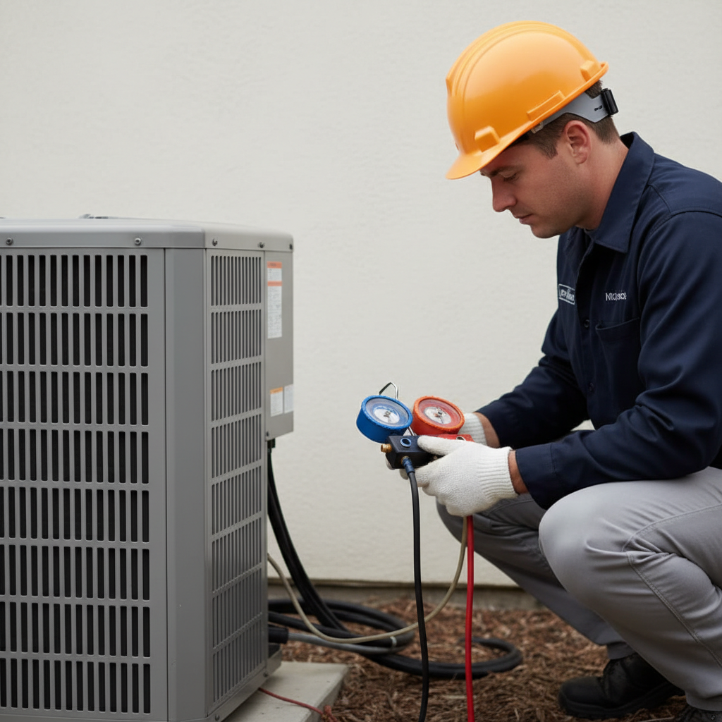 Close-up of a technician using gauges to diagnose an AC not cooling repair issue.