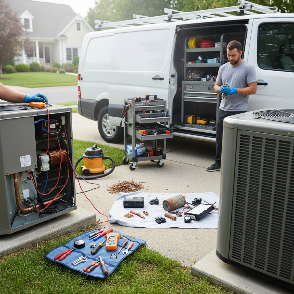 Technician using diagnostic tools to perform an AC repair on an outdoor unit.