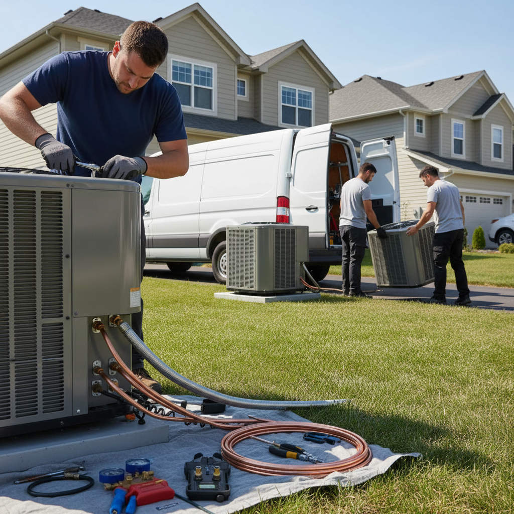 An HVAC technician meticulously connects copper lines to a new AC unit during a replacement service.