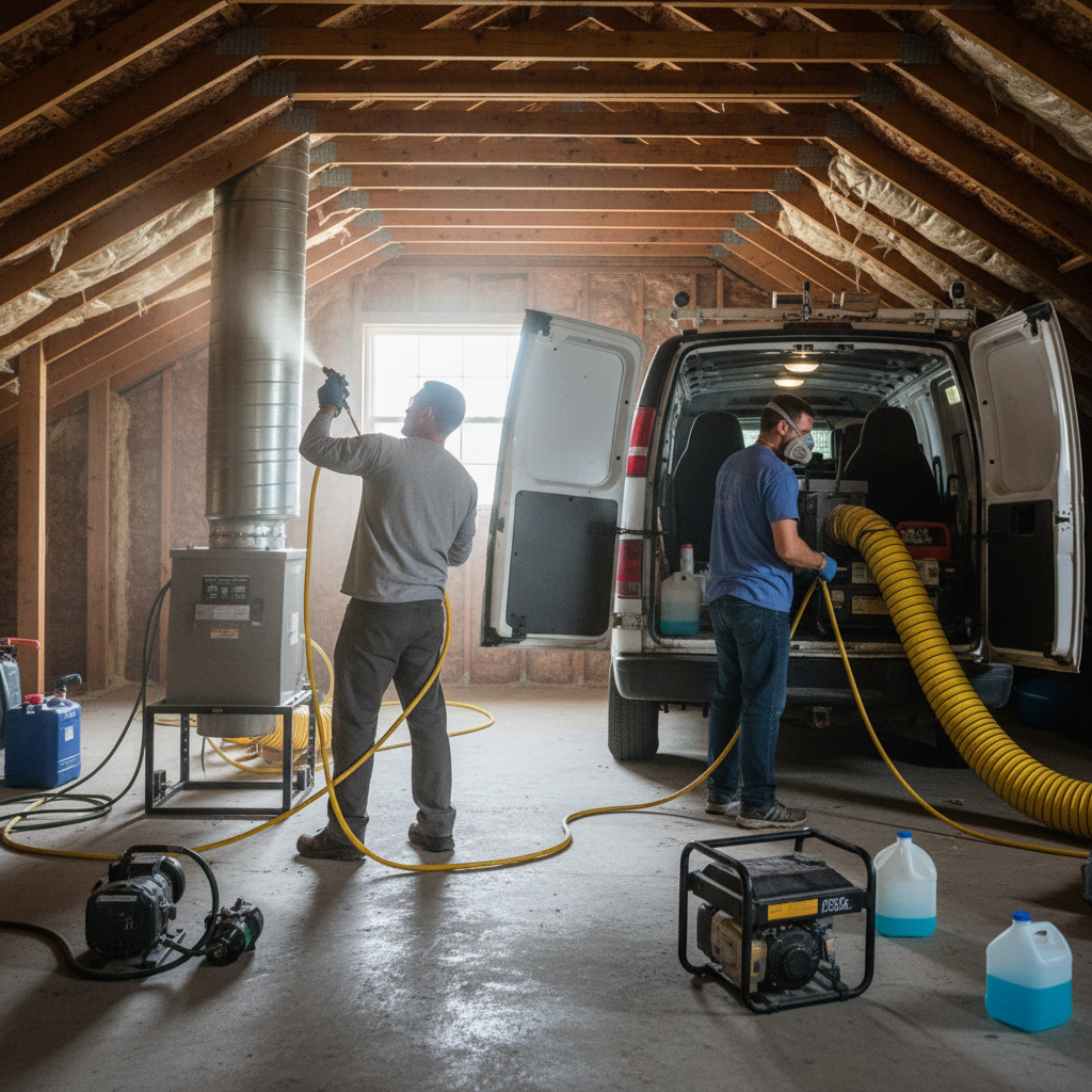 Close-up of a technician applying antimicrobial treatment for air duct sanitizing, ensuring clean ductwork.