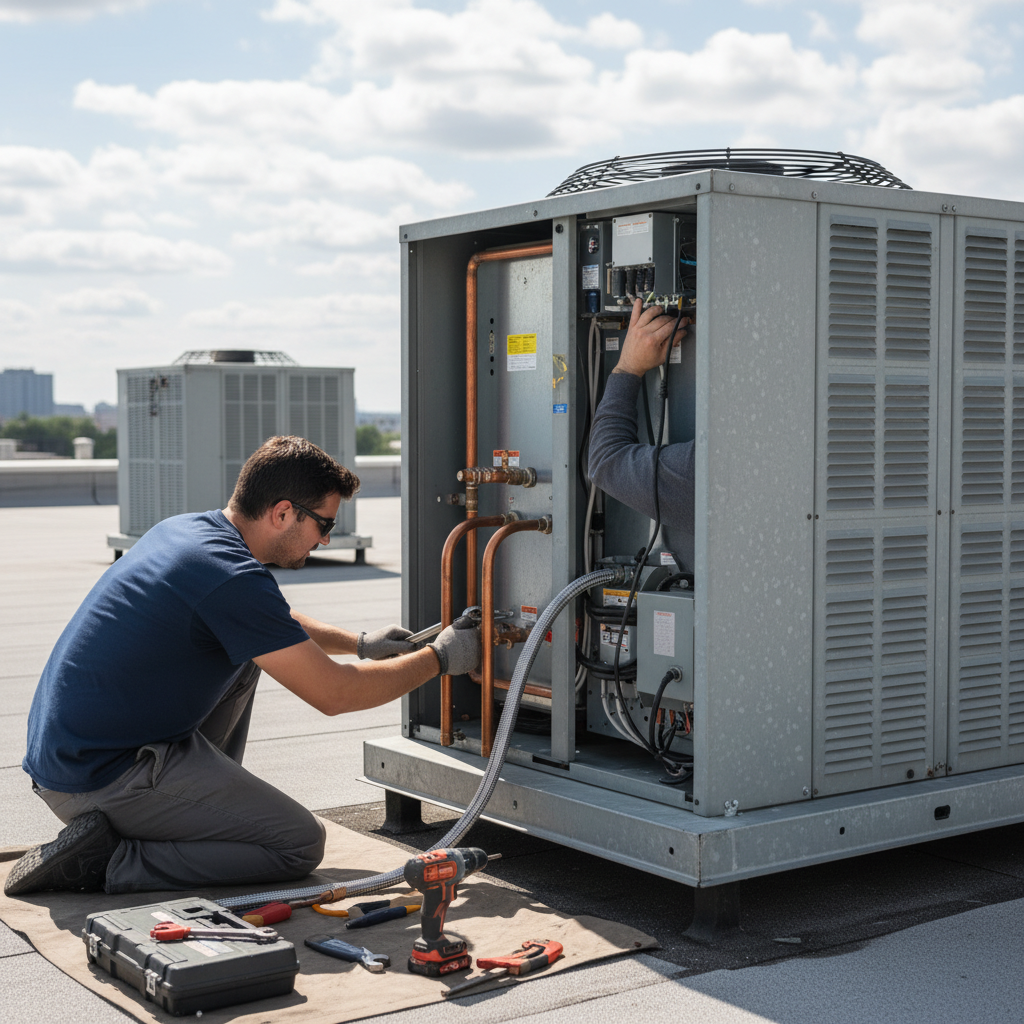 HVAC technicians meticulously installing a commercial AC unit on a rooftop, demonstrating quality workmanship.