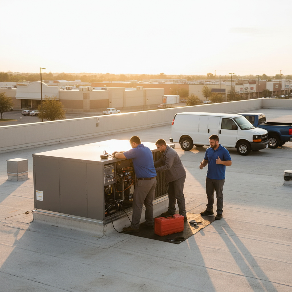 Experienced technicians performing detailed commercial HVAC repair on a large rooftop unit.