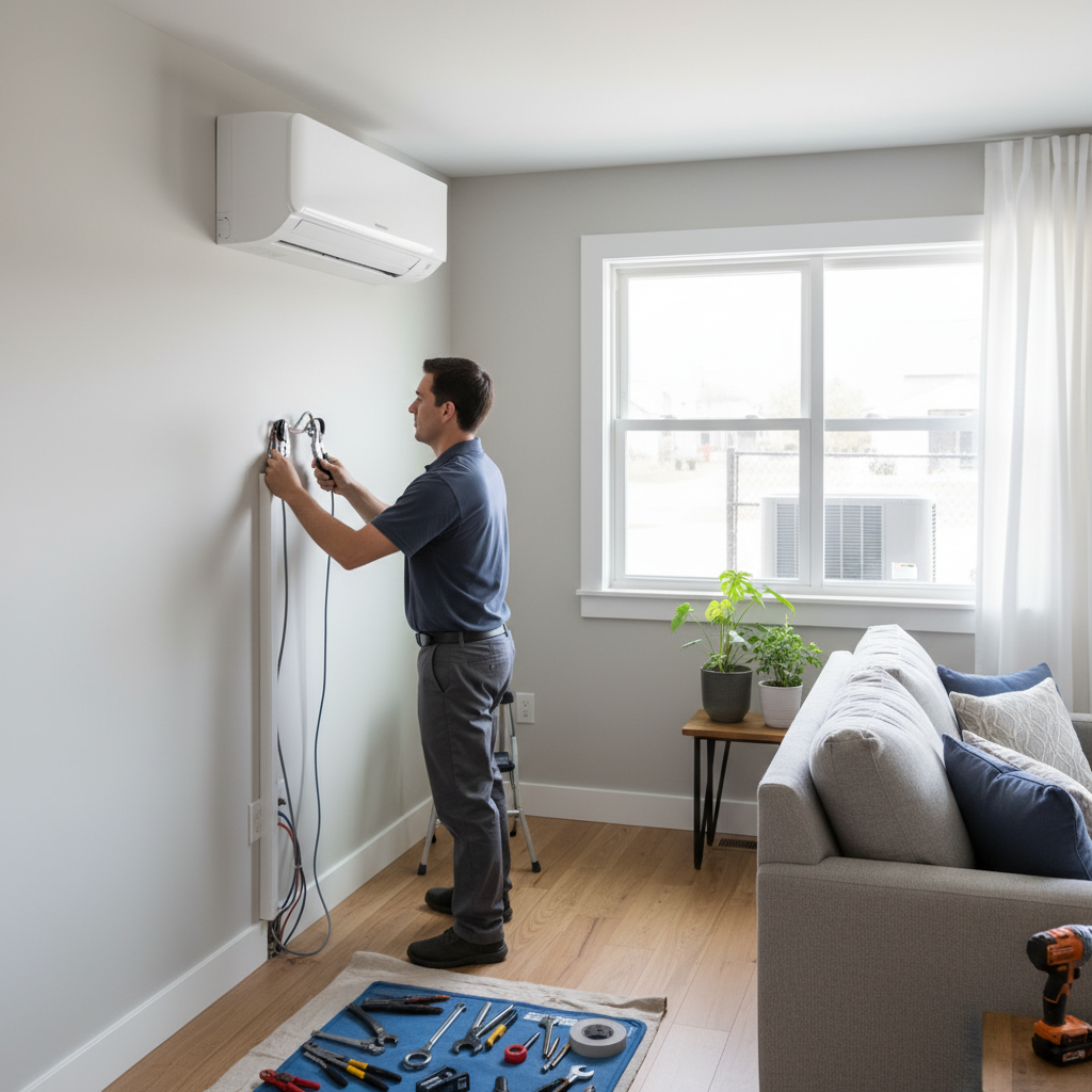 Close-up of an HVAC technician connecting lines for a ductless mini split AC installation.