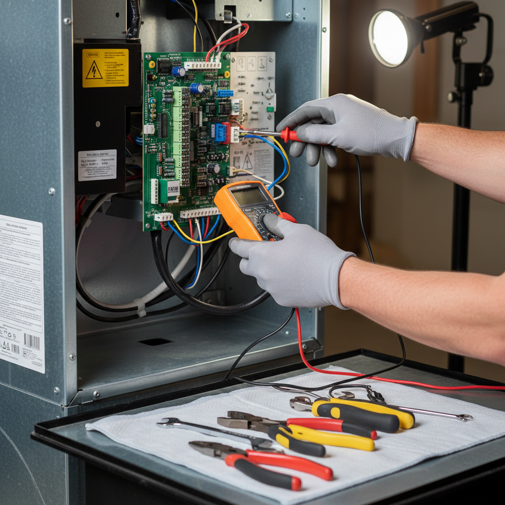 Close-up of a technician's hands using tools for emergency furnace repair.