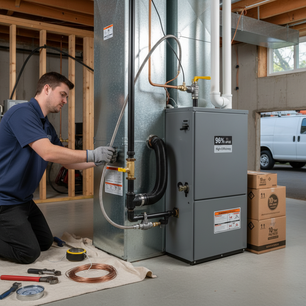 HVAC technician carefully installing a natural gas furnace, focusing on gas line connections.