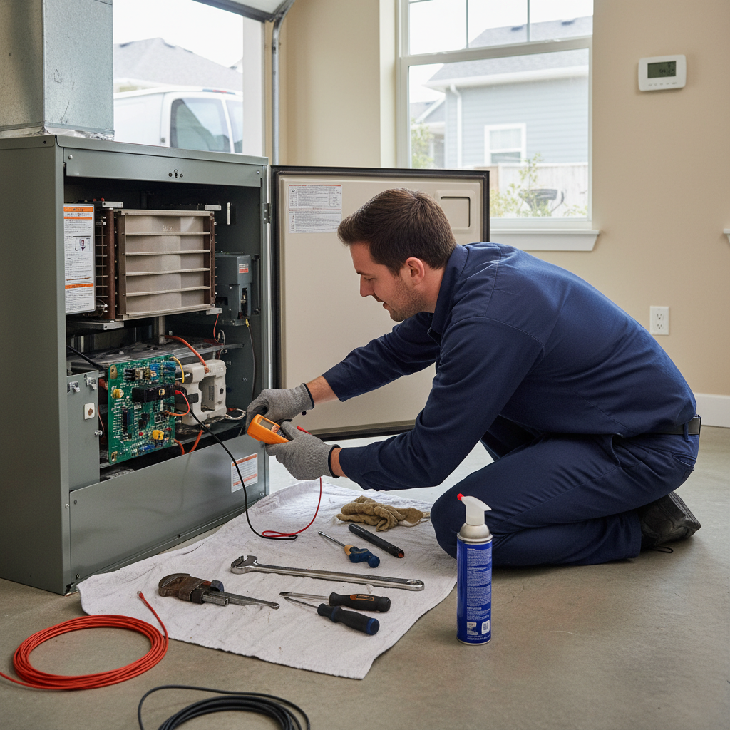 HVAC technician performing gas furnace repair, using a multimeter to diagnose the system.
