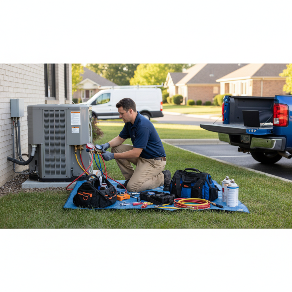 Close-up of an HVAC technician using gauges and tools for heat pump repair on an outdoor unit.