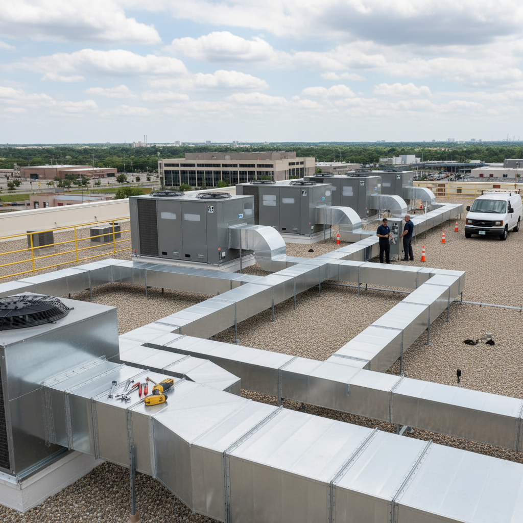 Close-up of a mechanical contractor connecting commercial ductwork, showing precision and quality workmanship.