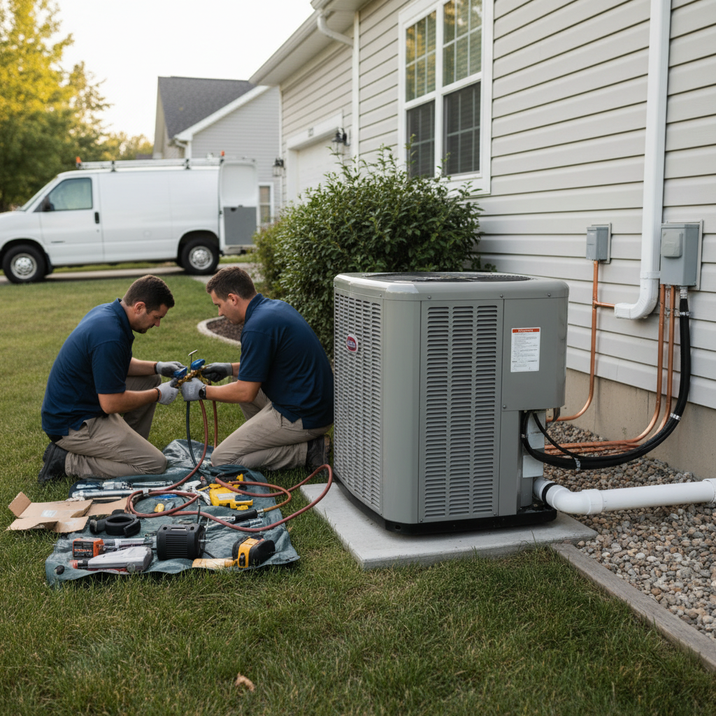 HVAC technicians installing a new outdoor AC unit, connecting lines and checking gauges.