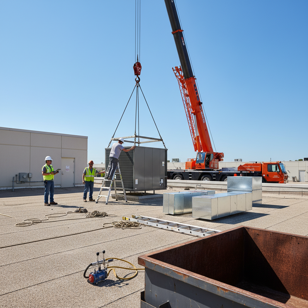 Close-up of an HVAC technician securing new ductwork during an RTU replacement.