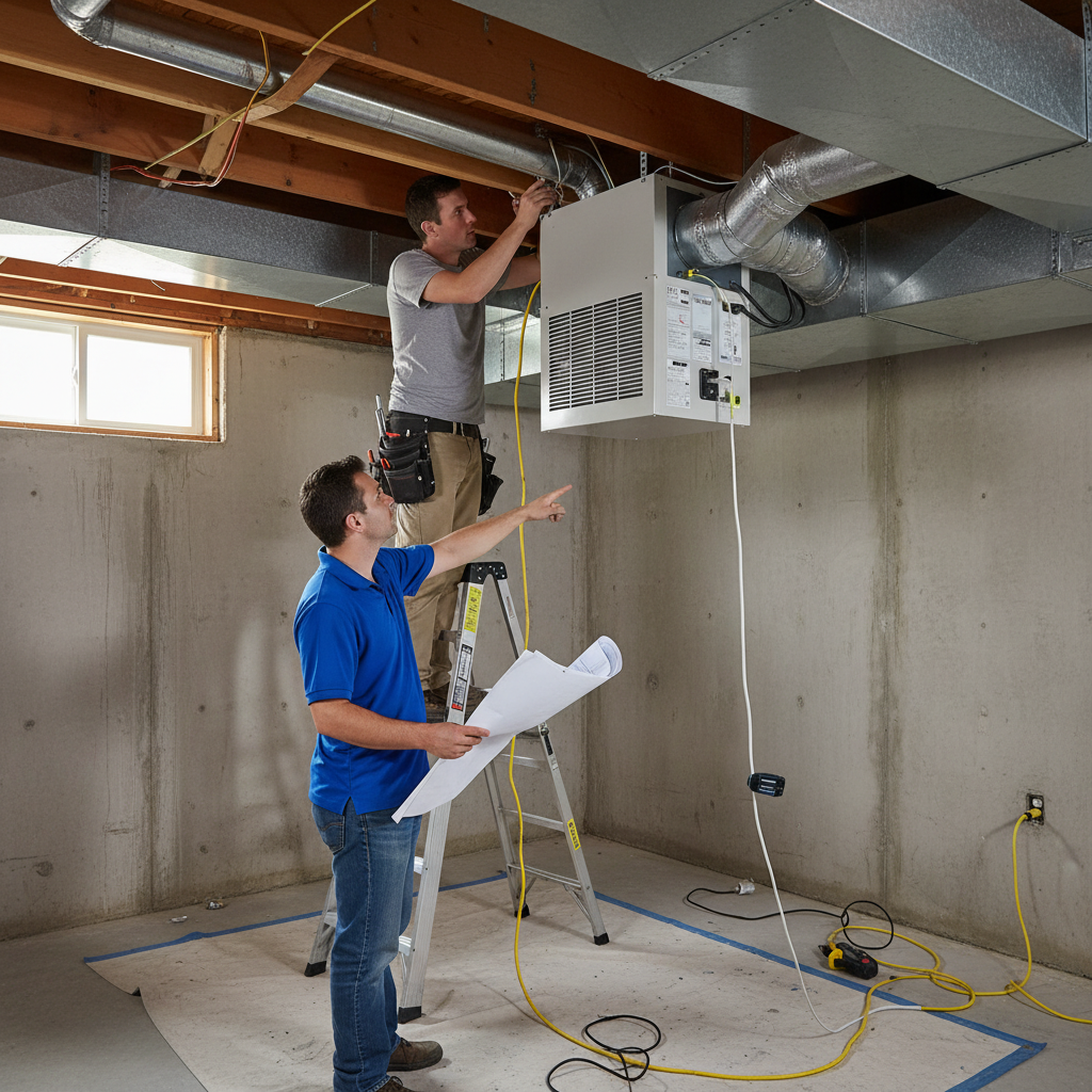 Close-up of a technician meticulously working on the wiring for a new whole house dehumidifier installation.