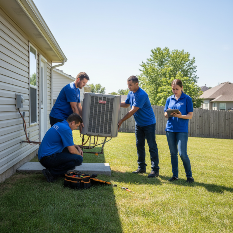 Cole HVAC team installing a new air conditioning unit outside a Nixa, MO residence.