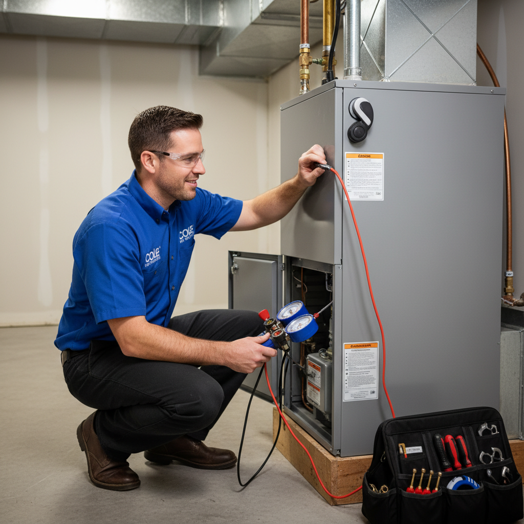 Cole HVAC technician inspecting a furnace, ensuring professional service in Nixa, MO and surrounding communities.