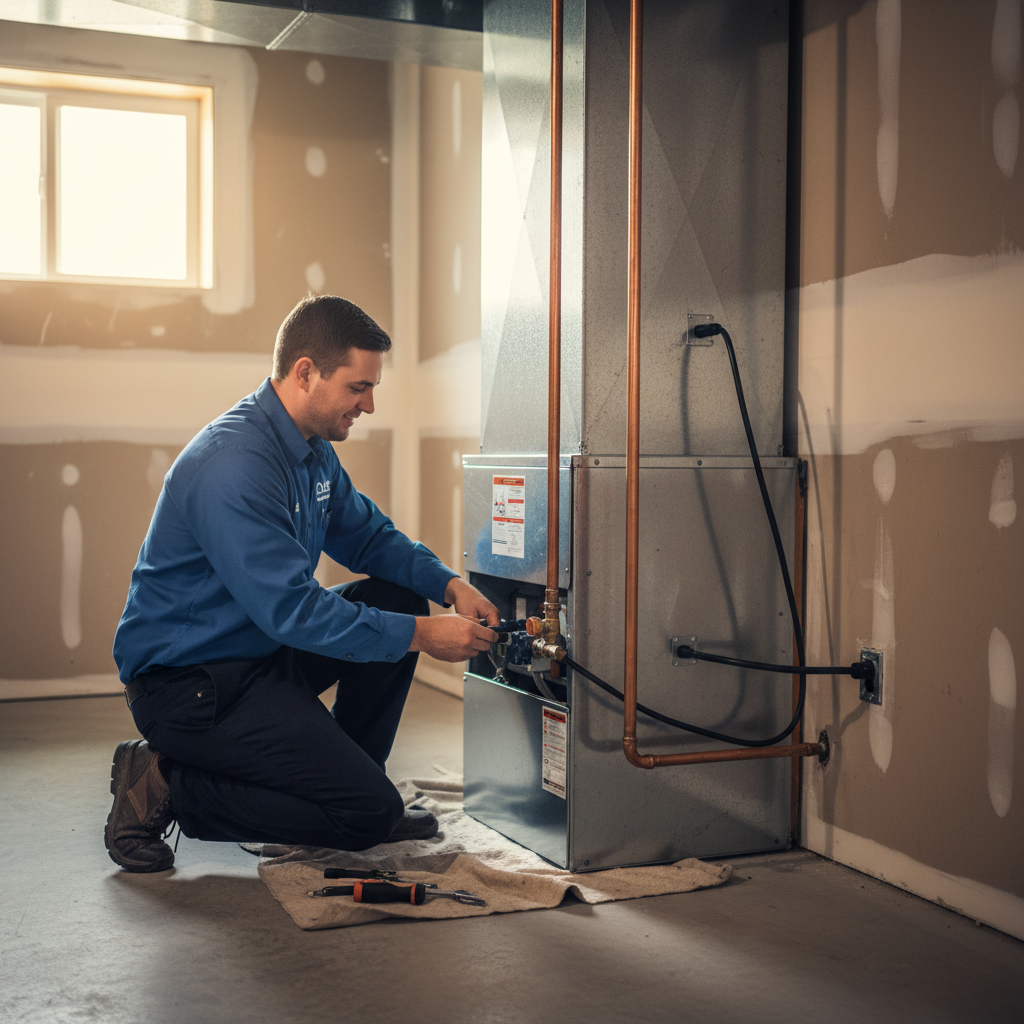 Cole HVAC technician installing a new furnace system in a Nixa, MO home.