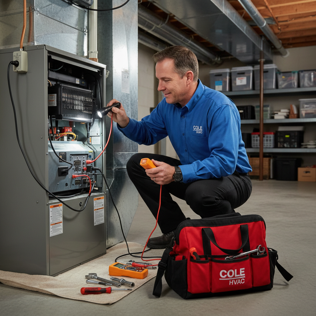 Cole HVAC technician meticulously inspecting an indoor furnace, ensuring comfort for Nixa, MO homes.