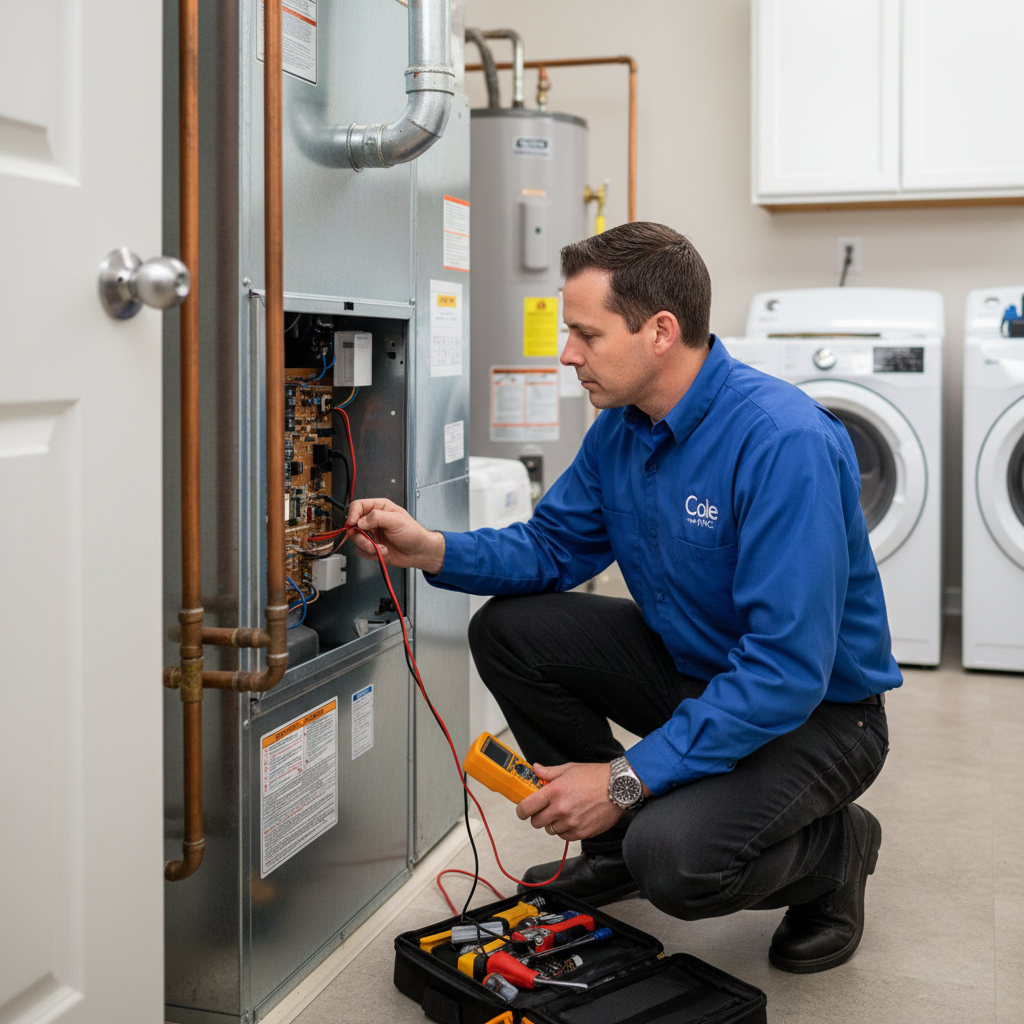 Cole HVAC technician performing a professional furnace repair in a Nixa, MO home's utility room.