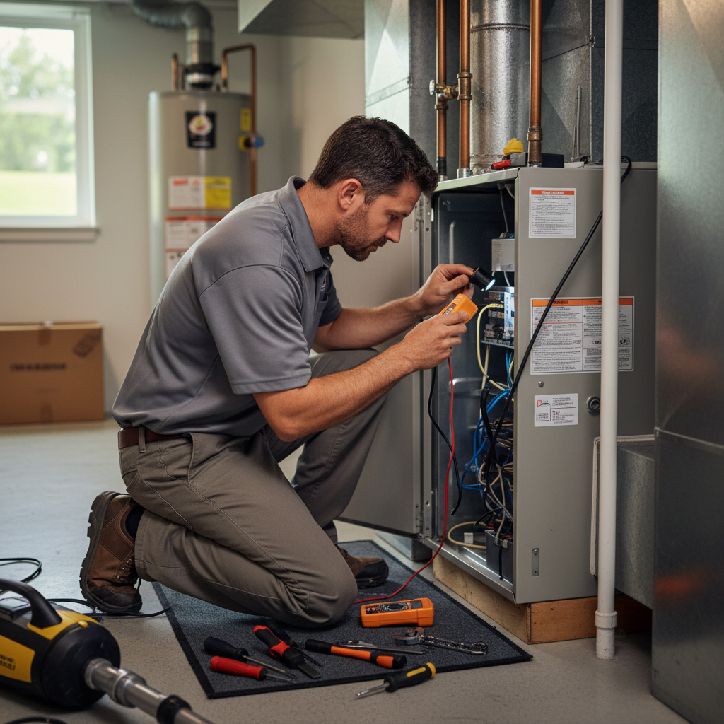 Cole HVAC technician performing a professional furnace service inside a home in Nixa, MO.