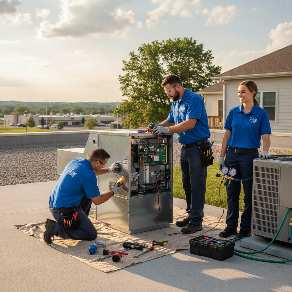Experienced Cole HVAC technician inspecting a commercial air conditioning unit in Nixa, MO.